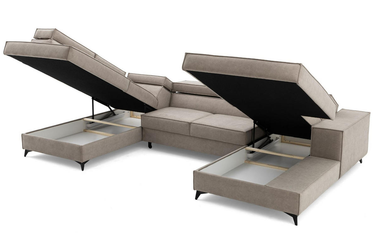 ECKSOFA PURE U Links mit Schlaffunktion 127x270 Velours Creme - Creme/Schwarz, Holz/Textil (340/204cm) - Muffo