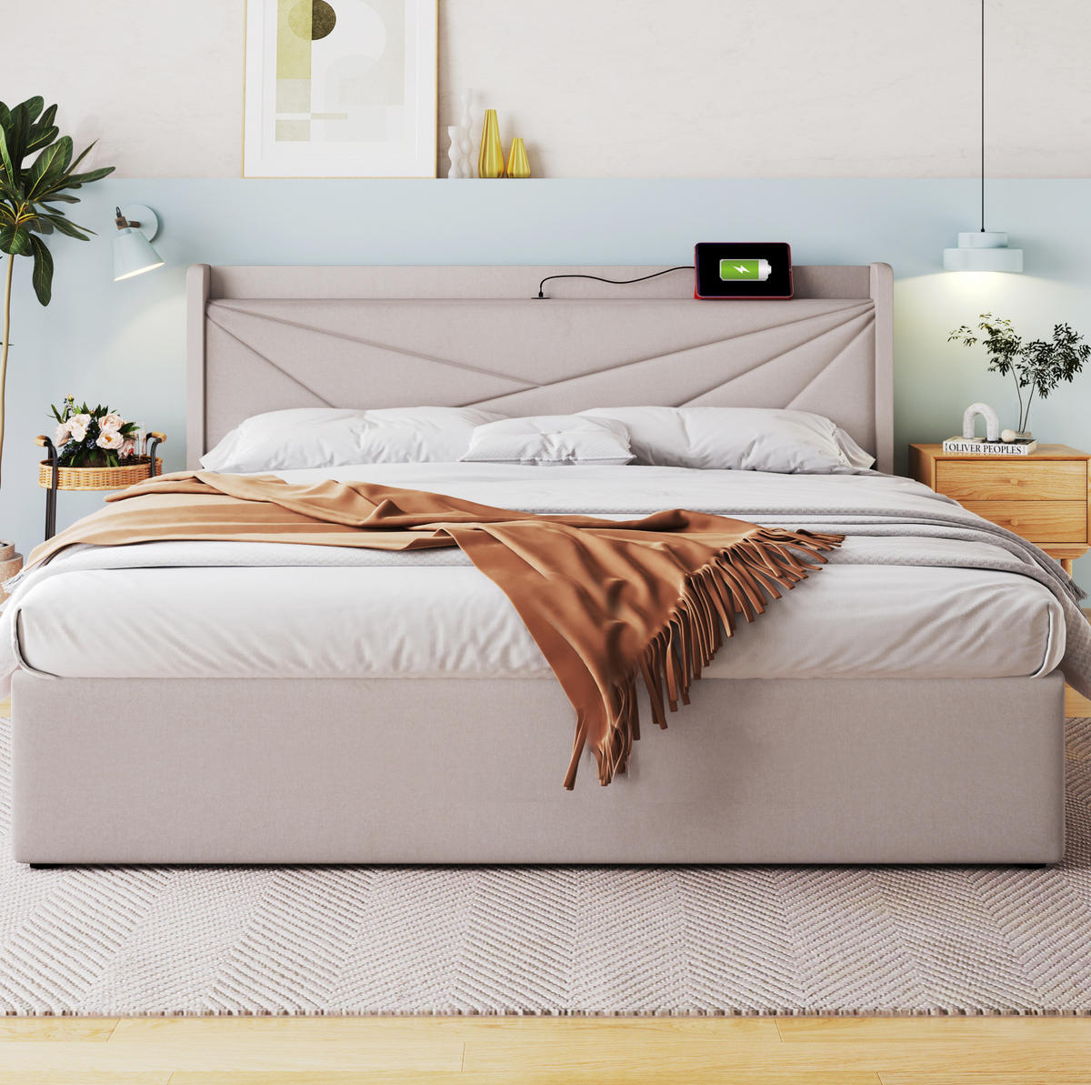POLSTERBETT 160/200 cm Beige aus Baumwolle, Leinen, Holz und Metall mit Bettkasten - Beige, Textil (160/200cm) - OKMYHOME