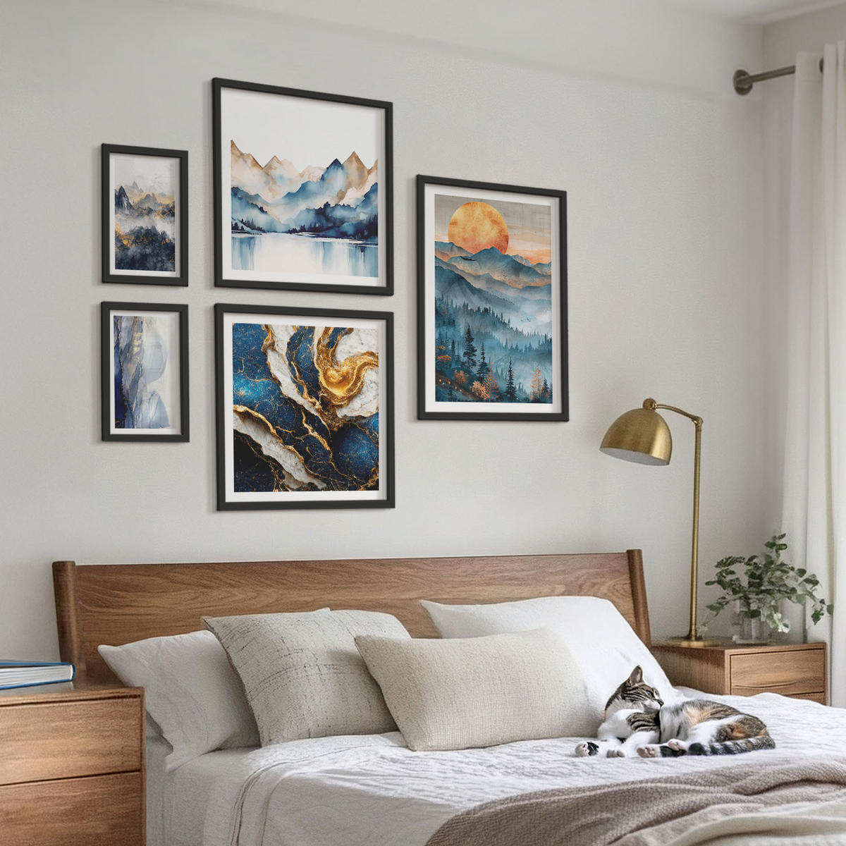 BILDER SET 5er Set - 50x50 cm & 20x30 cm & 40x60 cm Schwarzer Rahmen - Blaue Berglandschaften - Schwarz, Kunststoff (40/60cm) - TULUP