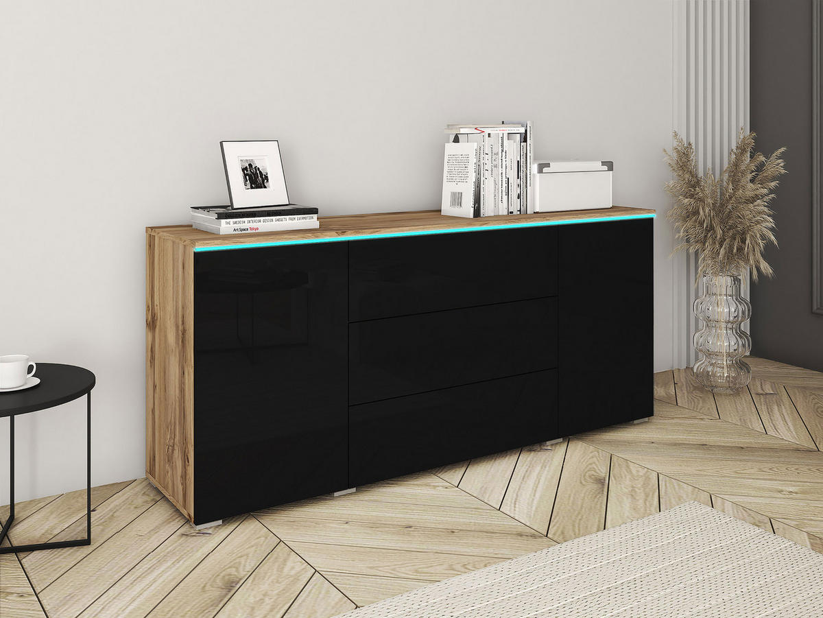 SIDEBOARD Vera 150 mit RGB LED Beleuchtung - Schwarz Hochglanz/Eiche Wotan, Holzwerkstoff (150/66/40cm) - MIRJAN24