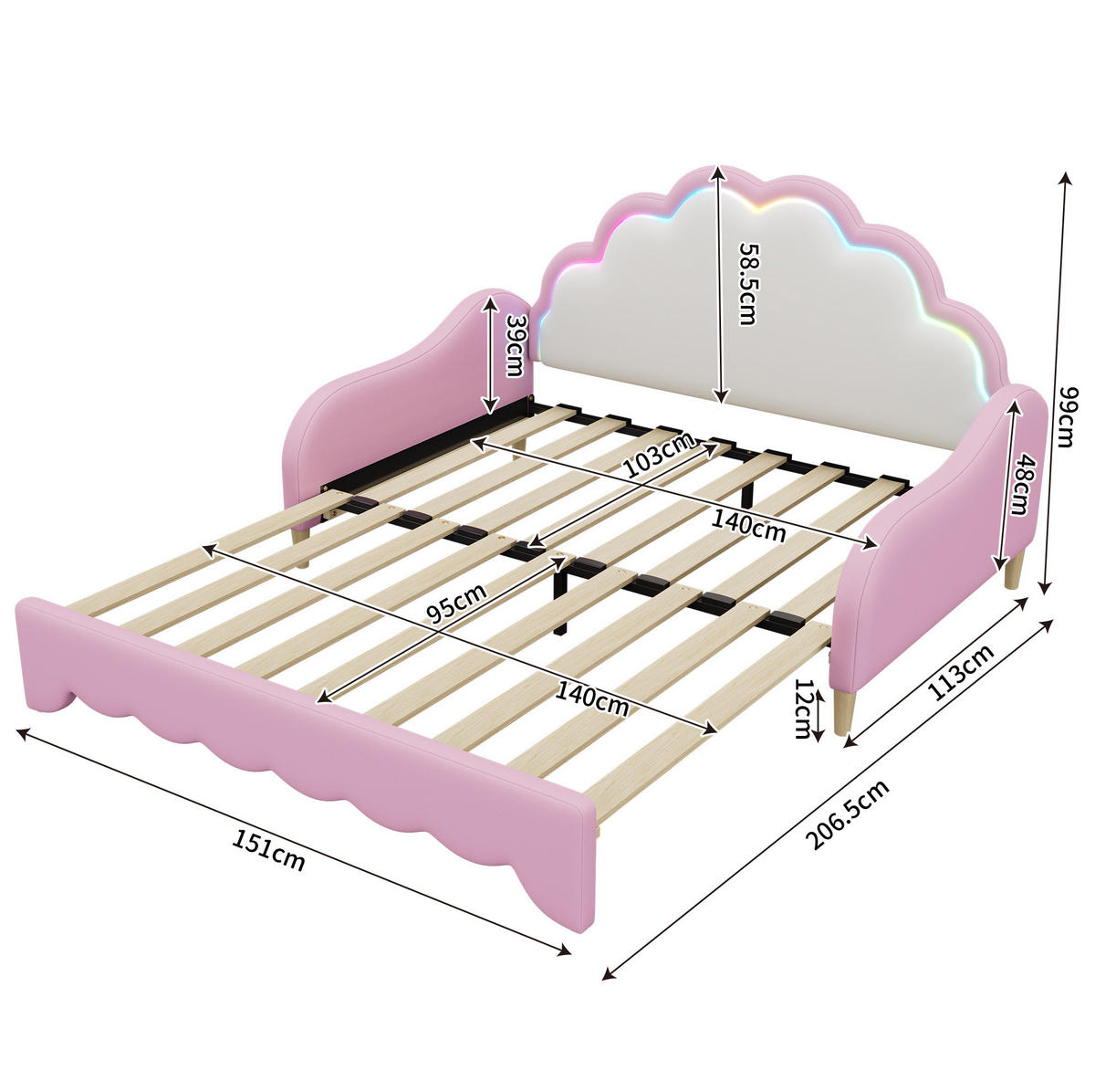 POLSTERBETT 140/200 cm Rosa mit umwandelbarem Design und LED-Beleuchtung - Rosa, Kunststoff (140/200cm) - OKWISH