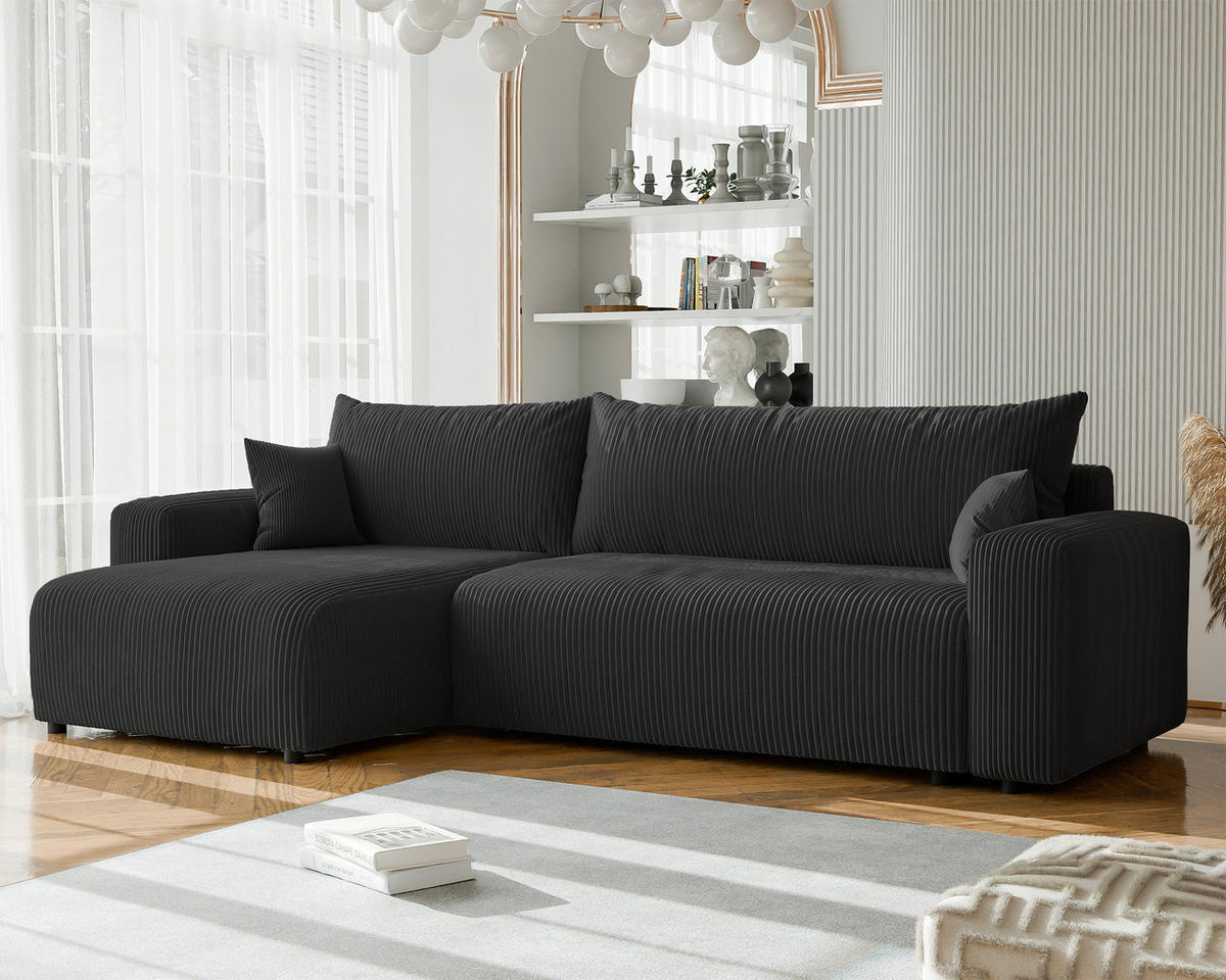 ECKSOFA mit Schlaffunktion und Bettkasten, Schwarz - Schwarz, Holzwerkstoff/Textil (145/278cm) - Idohome