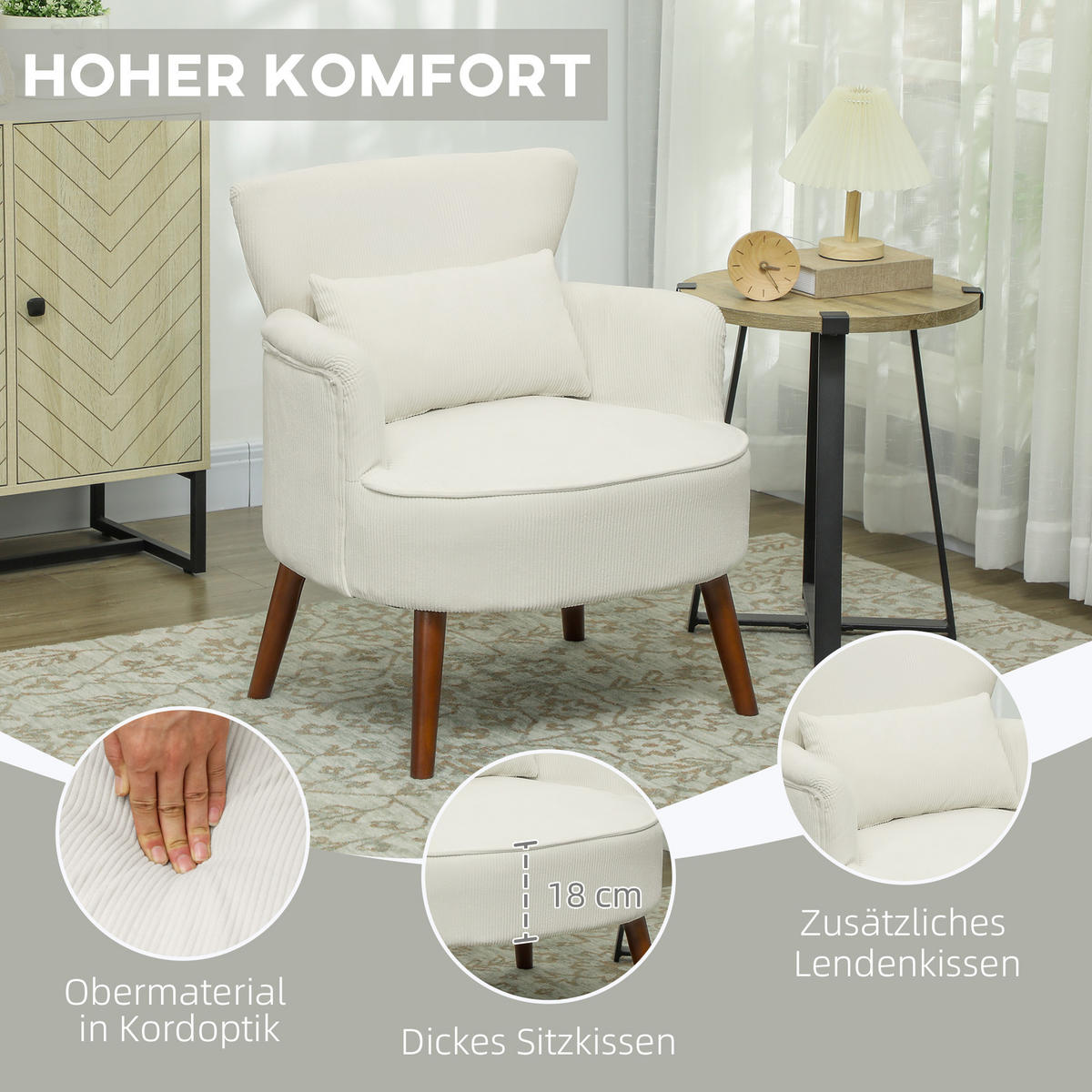SESSEL mit Rückenlehne, abgerundeten Armlehnen Gepolstert Loungesessel Kordoptik - Beige, Textil (69/78/69.5cm) - HOMCOM