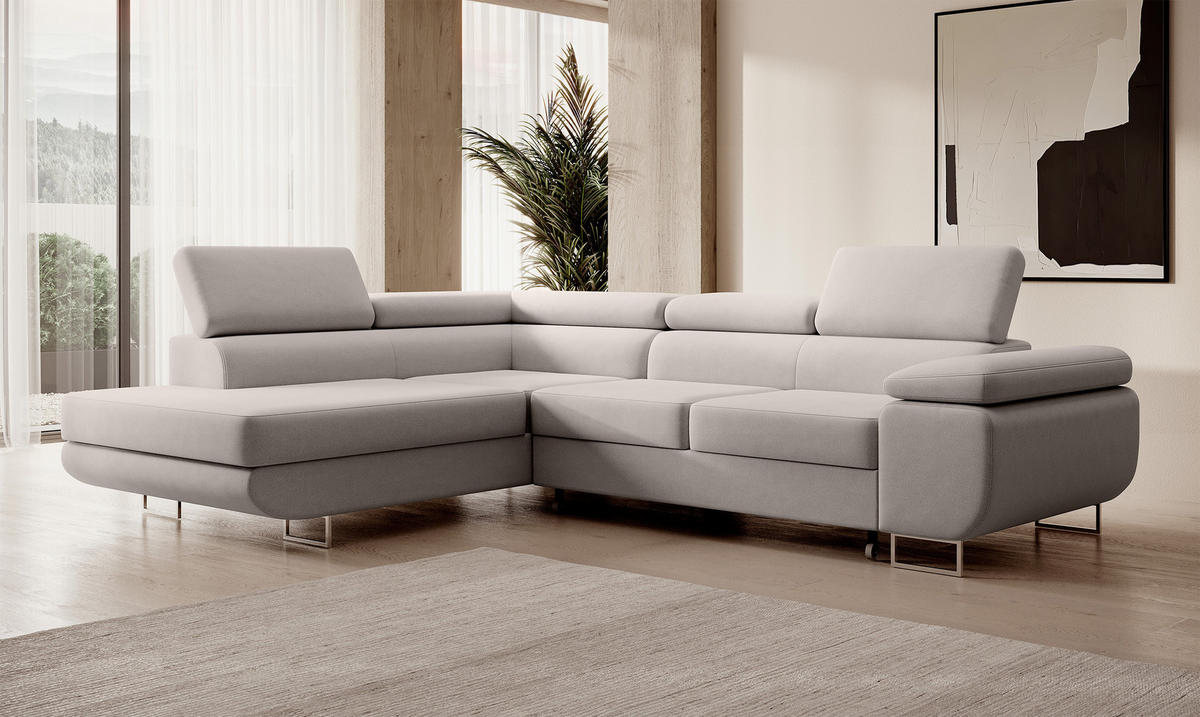 ECKSOFA Stevil Cremeweiß Velours - Silberfarben/Creme, Textil/Metall (275/203cm) - Selsey