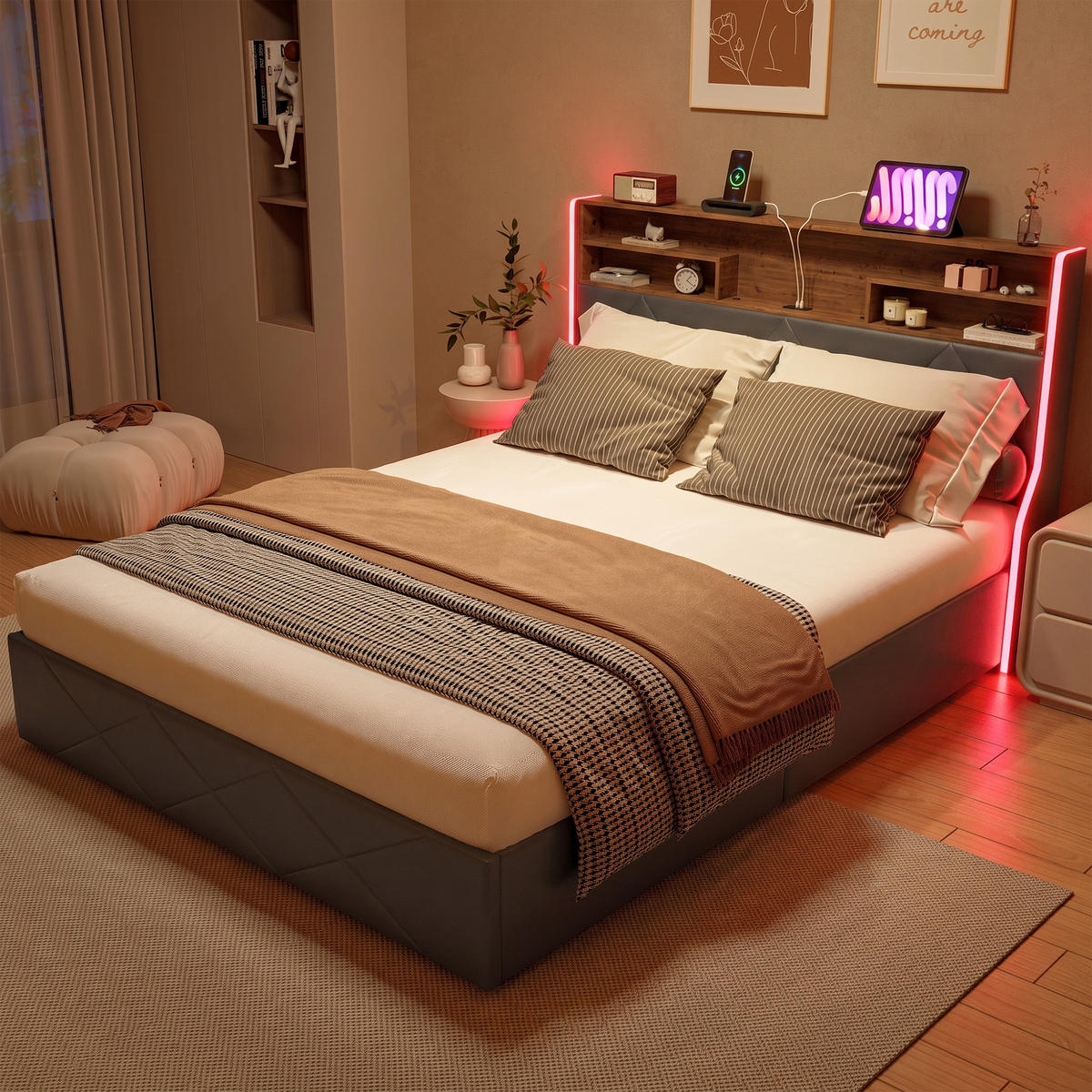 POLSTERBETT 140/200 cm,Stauraumbett mit Bettkasten LED USB und Lattenrost - Grau, Holz/Textil (140/200cm) - PARAFTA HOME