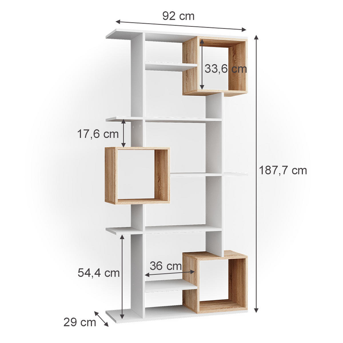 RAUMTEILER Cube Weiß/Sonoma 92 x 187.7 cm - Weiß/Sonoma Eiche, Holzwerkstoff (92/187.7/29cm) - Vicco