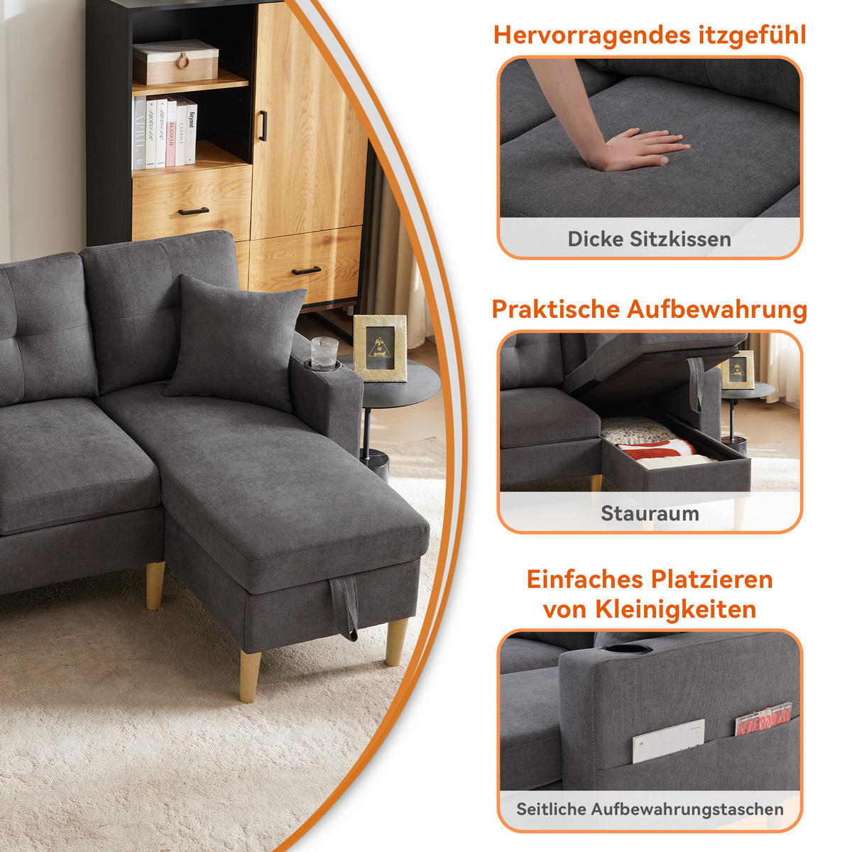 ECKSOFA Baumwoll-Leinen mit Stauraum und Getränkehaltern 175/129/90 cm Dunkelgrau inklusive 2 Kissen - Dunkelgrau, Textil (175/129cm) - Redom