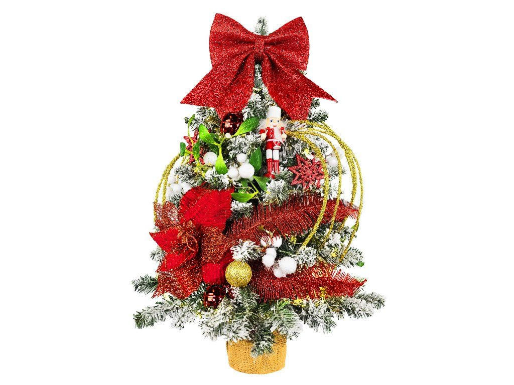 WEIHNACHTSBAUM künstlicher 60 cm mit LED-Beleuchtung, ROTERNUSSKNACKER, mit 35 Weihnachtsbaumschmuck, Pflanztopf mit Jutesack - Rot/Goldfarben, Kunststoff/Stein (40/60cm) - LAALU