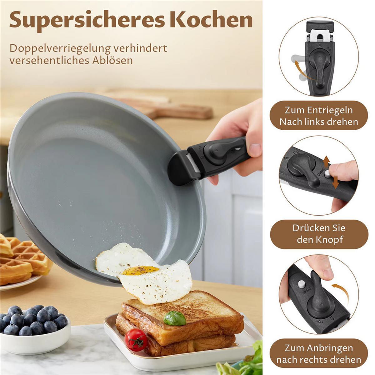KOCHTOPFSET 17-teilig Keramik Abnehmbarer Griff Induktion - Schwarz, Metall - Bextcok