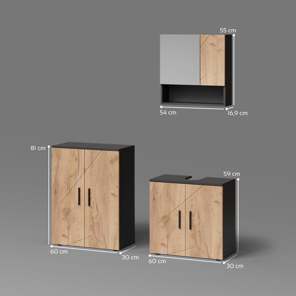 Thumbnail - Livinity® Badmöbel-Set, Honigeiche, Anthrazit, Holzwerkstoff, 10 Fächer, Rechteckig, 60x59x30 cm, Badezimmer, Badmöbelse...