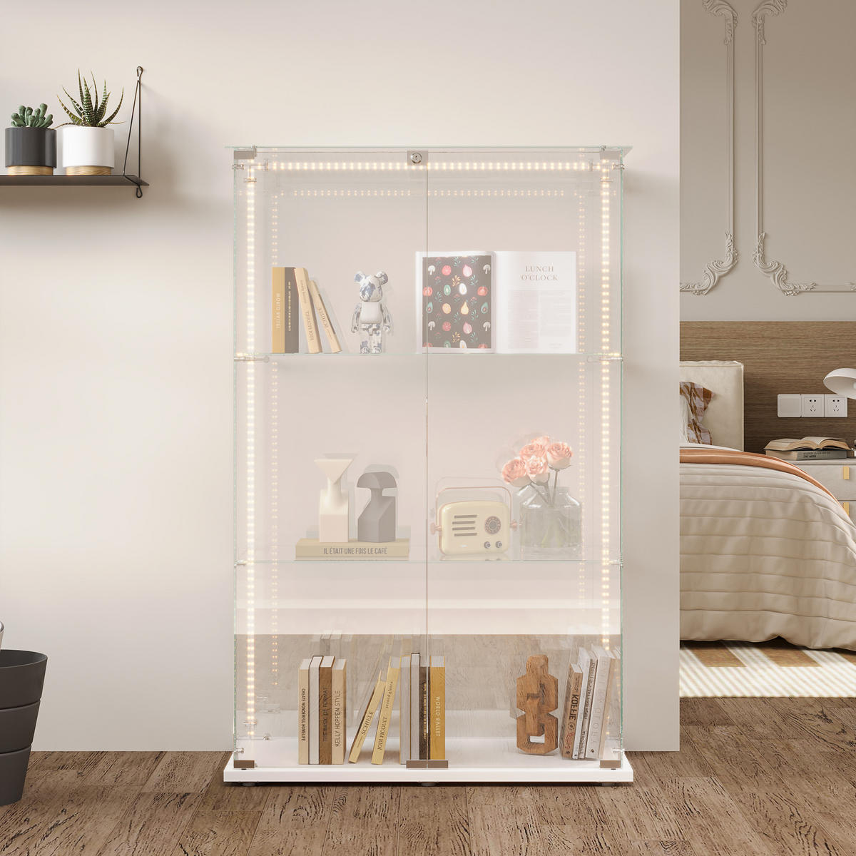 VITRINE Weiß Mit LED, 2 Türen, 3 Böden, Glas-Schrank Für Wohnzimmer - Weiß, Holz (35/123.3/78.5cm)