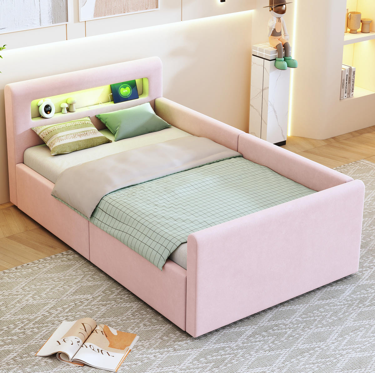 KINDERBETT aus Samtstoff 90x200 cm Rosa mit LED-Beleuchtung, USB-Anschluss und hydraulischem Stauraum - Rosa, Textil (90/200cm) - IVMEU