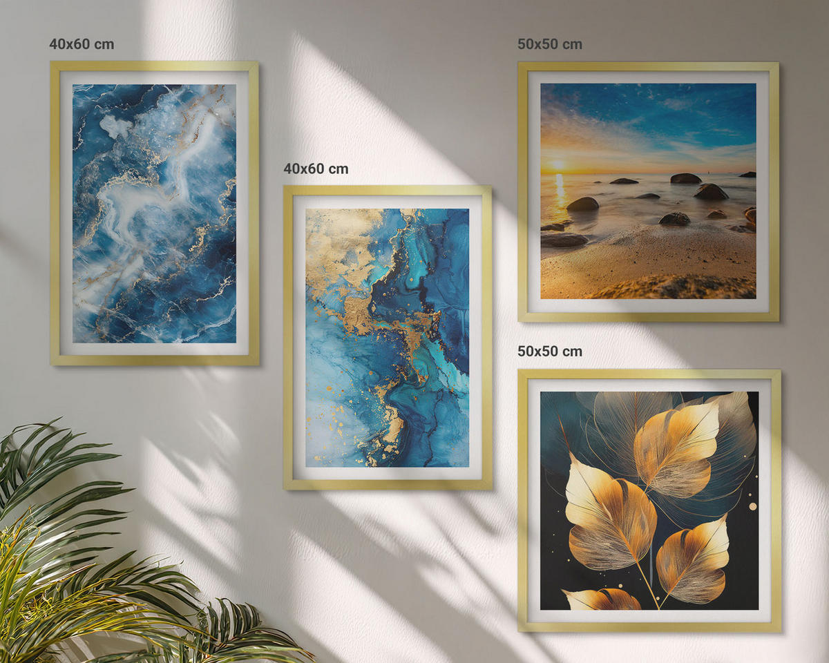 WANDBILDER 4er Set - 50x50 cm & 40x60 cm Goldrahmen - Bilder mit blau-goldenen Mustern - Goldfarben, Kunststoff (50/50cm) - ArtPrintCave