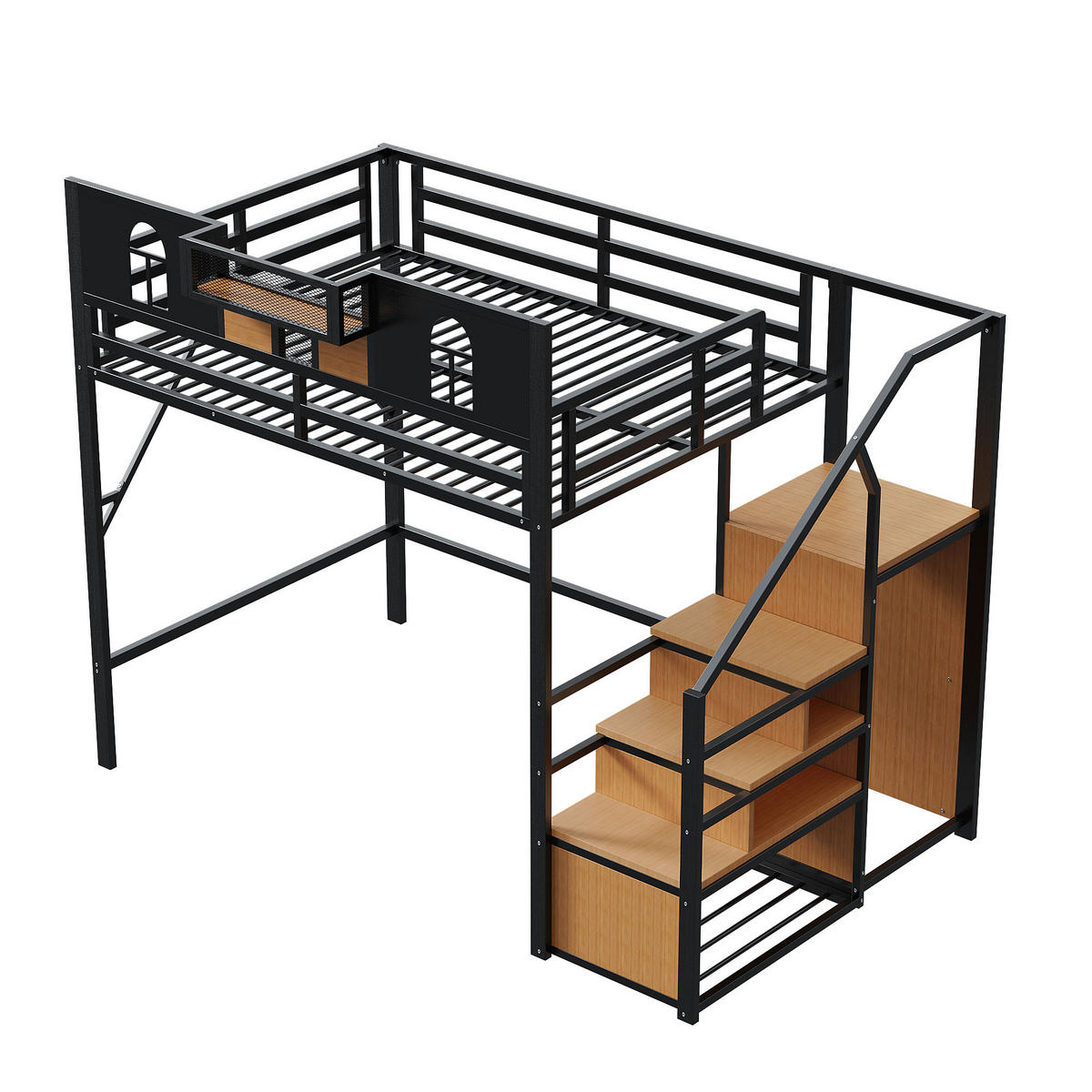 HOCHBETT 140/200 cm schwarz mit Stauraumleiter und Ablagefläche mit Matratze - Schwarz, Metall (140/200cm) - OKWISH