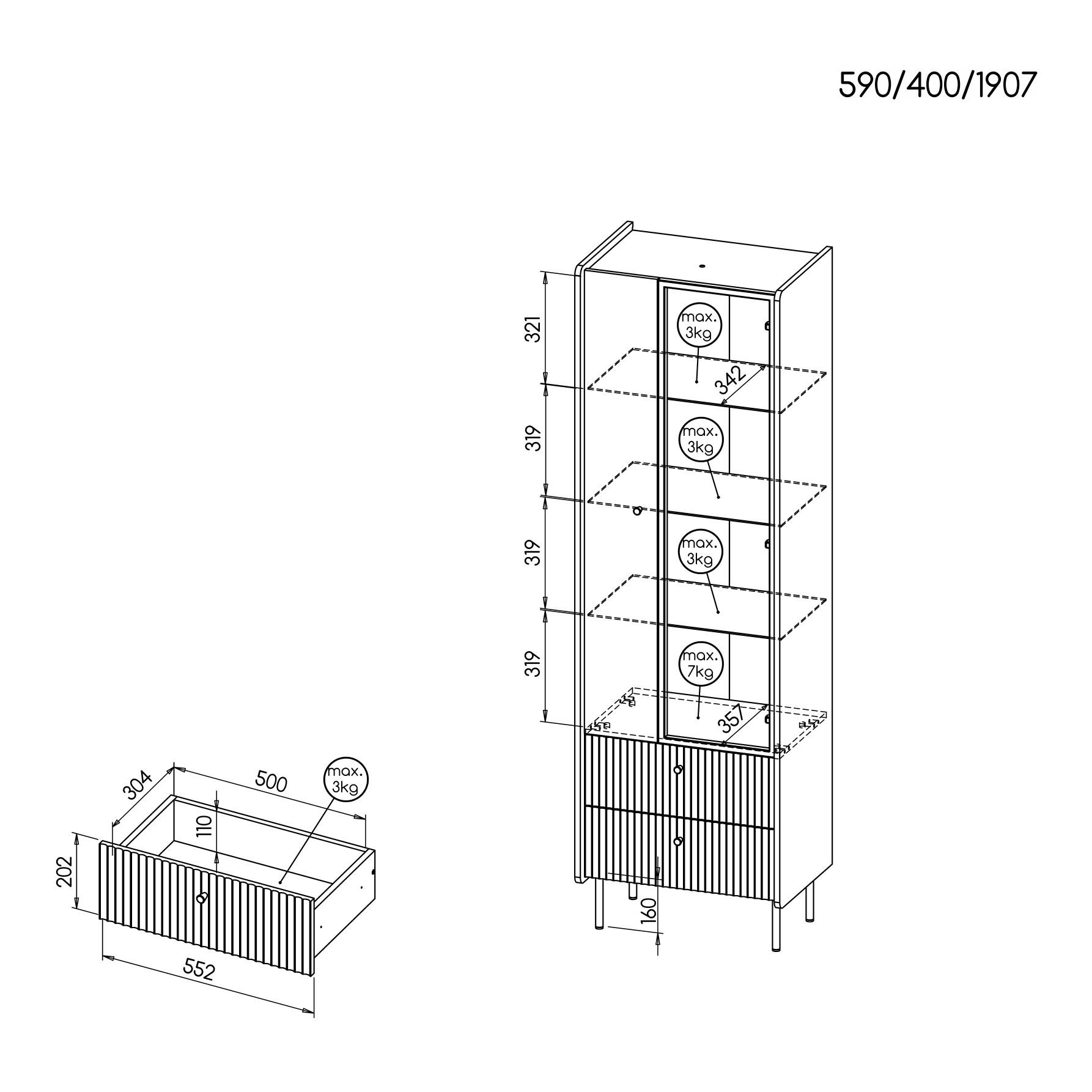 Thumbnail - Beautysofa Vitrine, Schwarz, Dunkelbraun, Holzwerkstoff, 2 Schubladen, 59x191x40 cm, Wohnzimmer, Wohnwände, Vitrinenschr...