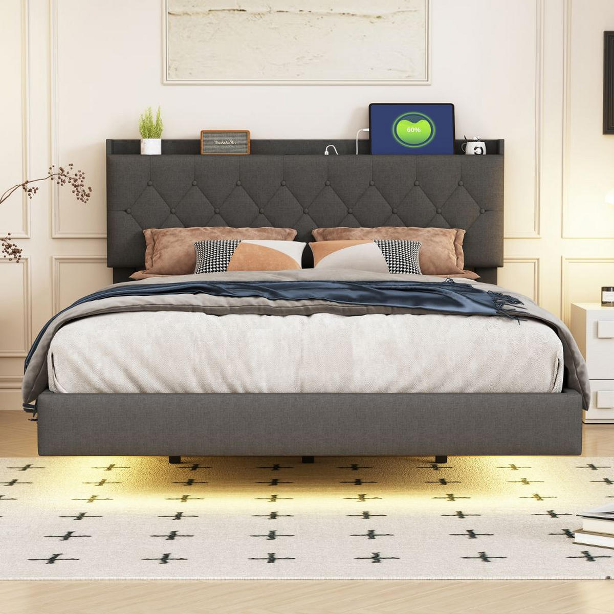 POLSTERBETT 140x200cm,mit USB-Ladeanschluss und LED-Farbwechselstreifen,Beige - Grau, Textil/Metall (140/200cm) - KOMHTOM