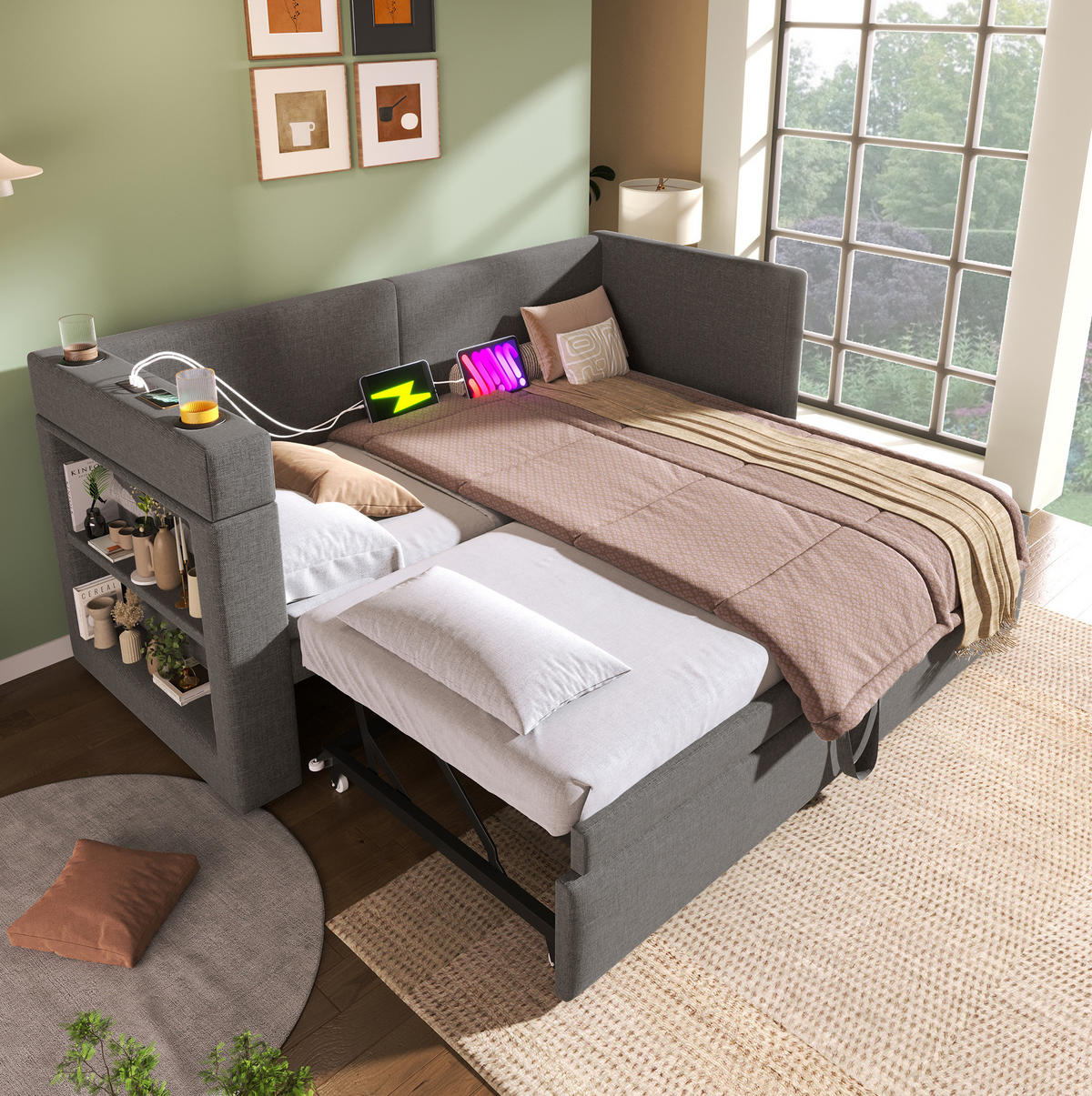 BETT 90/200 cm mit Ausziehbett, Armlehnen mit USB- & Type-C-Anschlüssen Getränkehalter Leinen-Mischgewebe Grau - Grau, Textil (90/200cm) - OKWISH