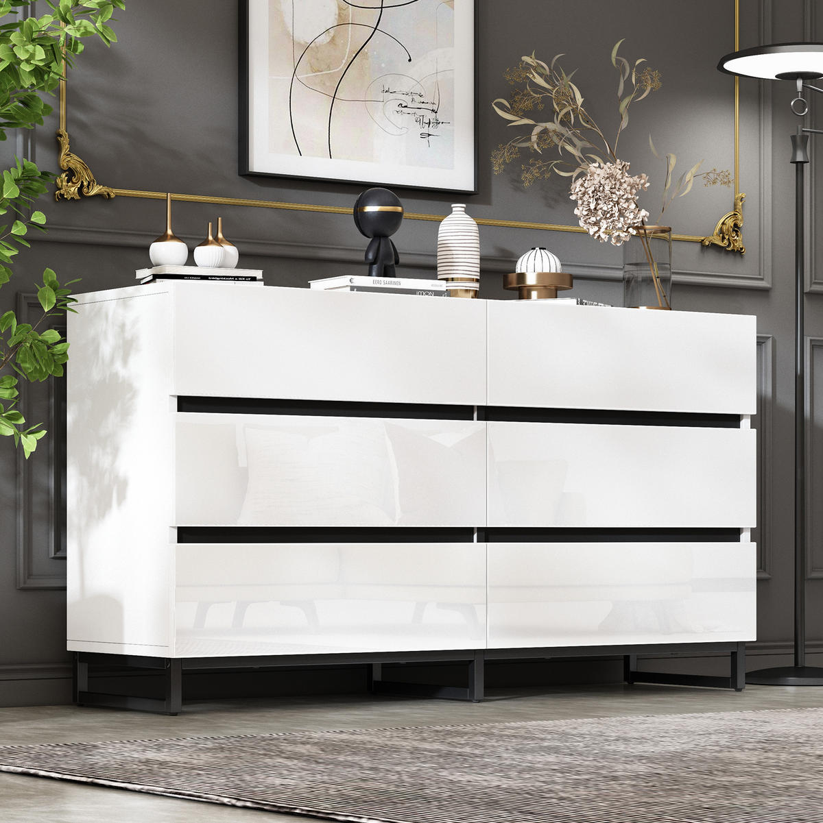 SIDEBOARD 140/39,5/78,5 cm in Weiß mit 6 Schubladen und Hochglanzfronten - Weiß, Holzwerkstoff (140/78.5/39.5cm) - Flora Grace