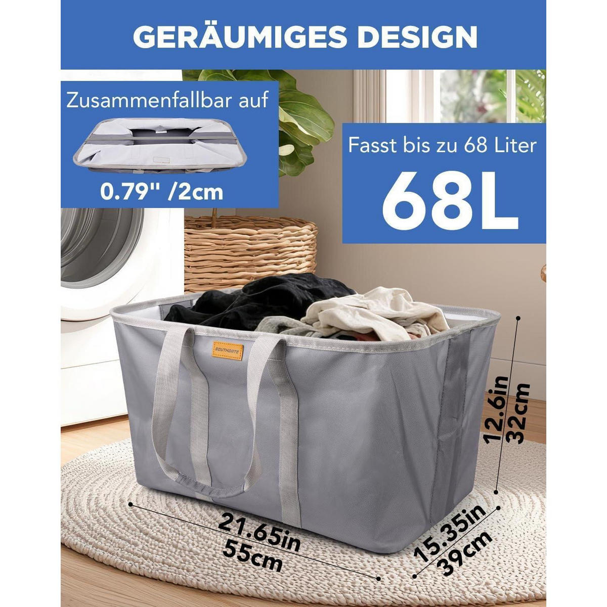 WÄSCHEKORB faltbar 68L extra flach 2 cm Grau - Grau, Textil (39/32/55cm)