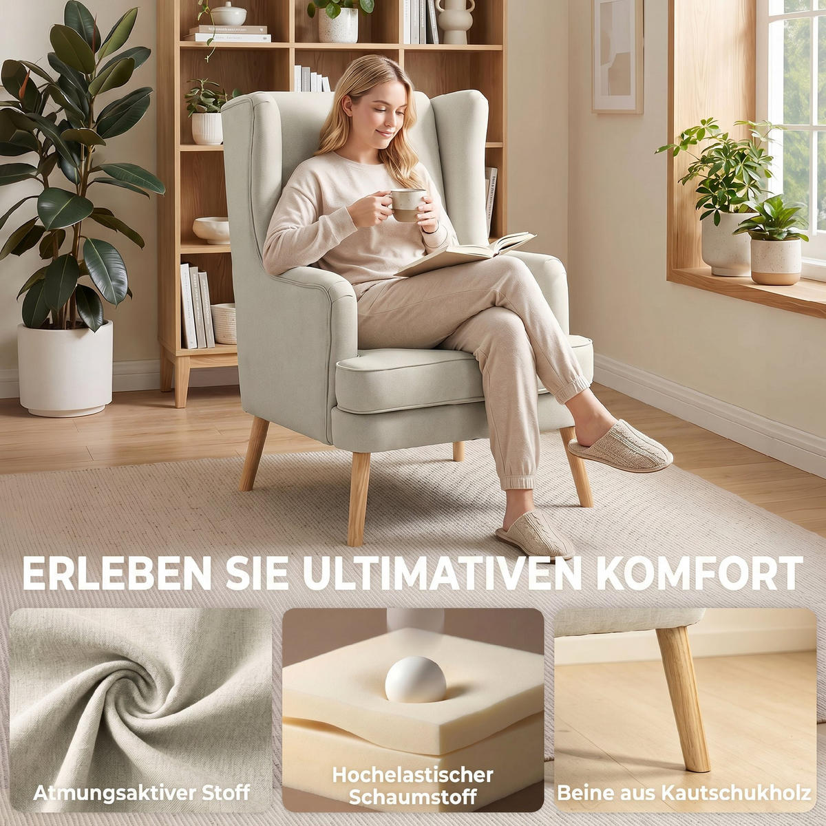 OHRENSESSEL Leinen, Gummiholz Beige - Beige/Naturfarben, Holz/Textil (77/110/77cm) - HOMCOM