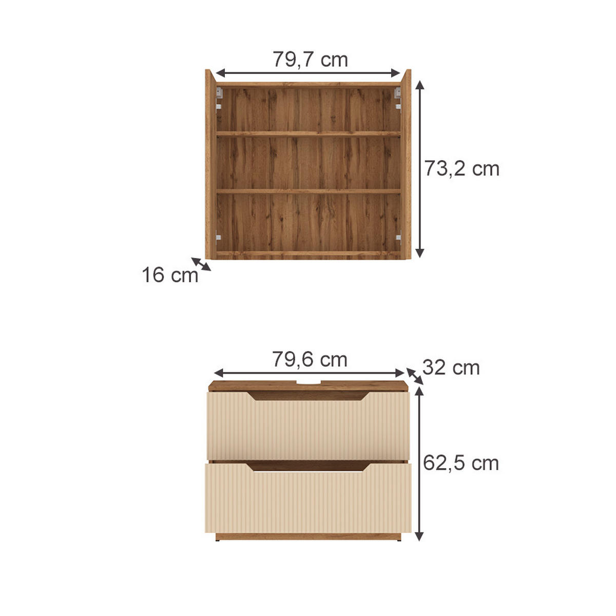 BADMÖBEL-SET Lotta Eiche/Kaschmir gestreift 2 Teile - Kaschmir/Eichefarben, Holzwerkstoff (79.6/62.5/32cm) - Vicco