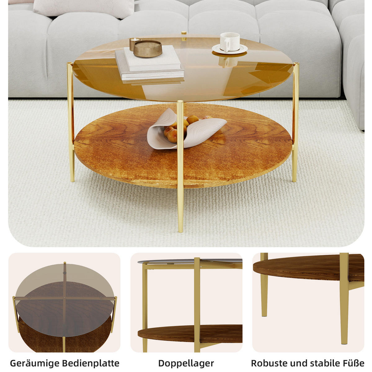 COUCHTISCH Gold/Natur, 82/82/45 cm - Goldfarben, Glas (82/82/45cm) - PANGIVO