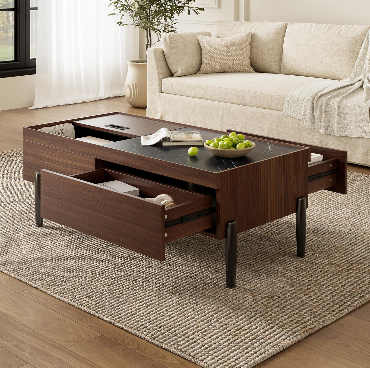 COUCHTISCH mit Schubladen & Glasplatte, MDF dunkelbraun, silbergraue Metallbeine, 105/50/41,5 cm, Dunkelbraun und dunkles Marmormuster - Dunkelbraun, Holzwerkstoff (105/50/41.5cm) - Redom