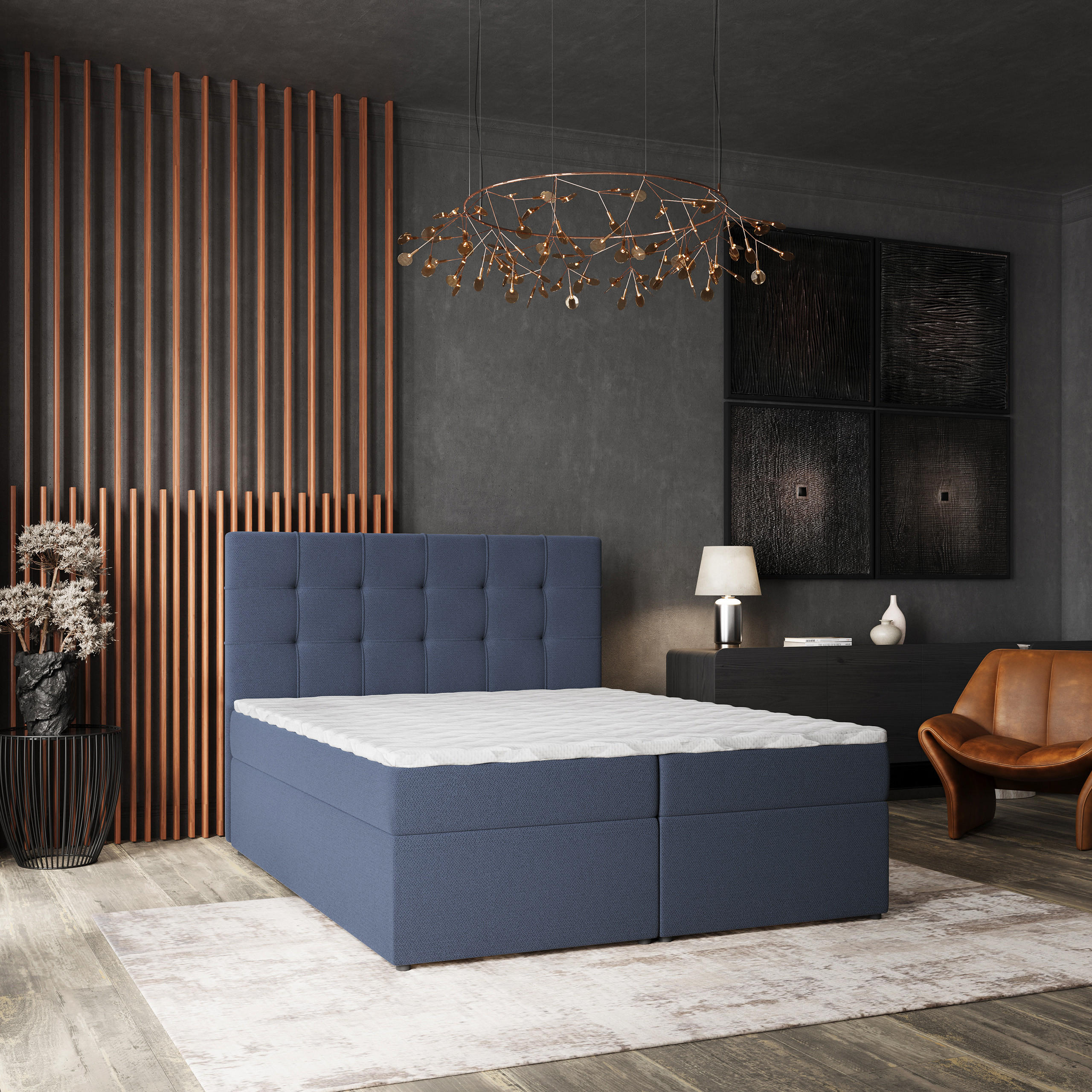 BOXBETT PALMA 140x200 cm mit Matratze und Topper, H2+H3 - Blau - Blau, Holz (140/200cm) - MASSENO