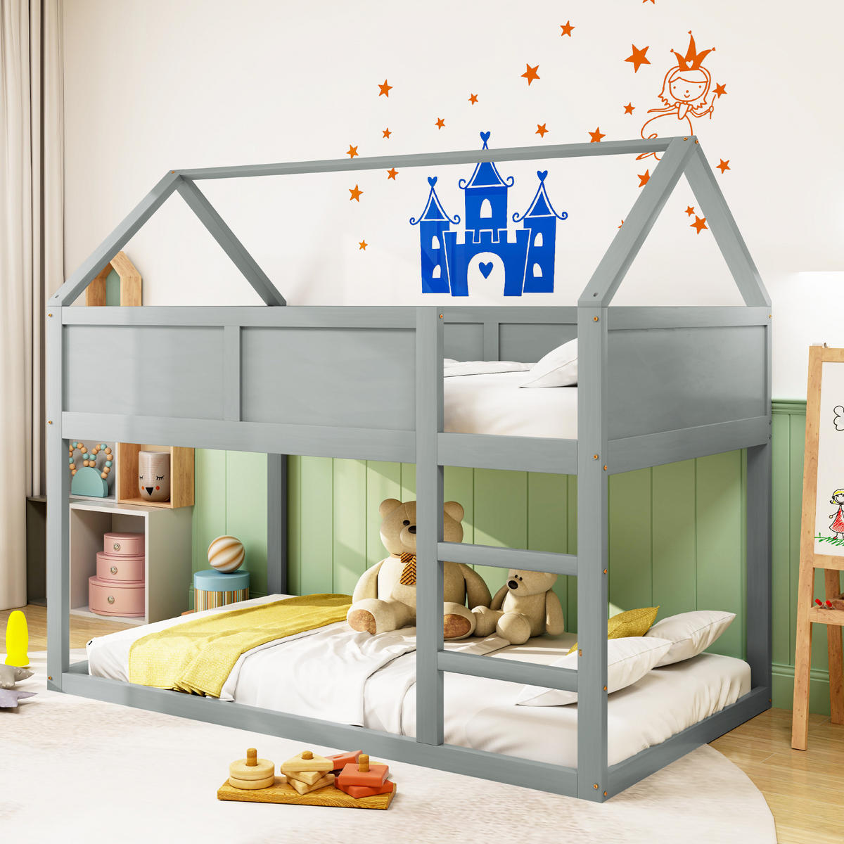 ETAGENBETT 90/200 cm grau mit Treppe aus Massivholz - Grau, Holz (90/200cm) - OKWISH