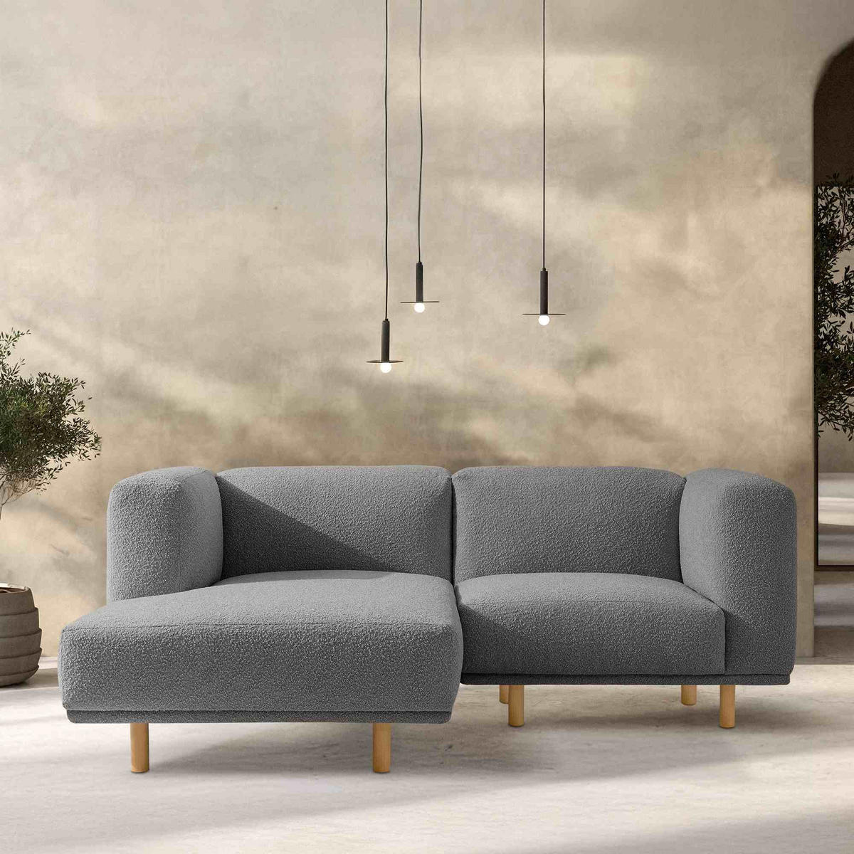 ECKSOFA-LINKS FOSERO, Bouclé - Eschefarben/Buchefarben, Holz/Holzwerkstoff (204/155cm) - KONSIMO®