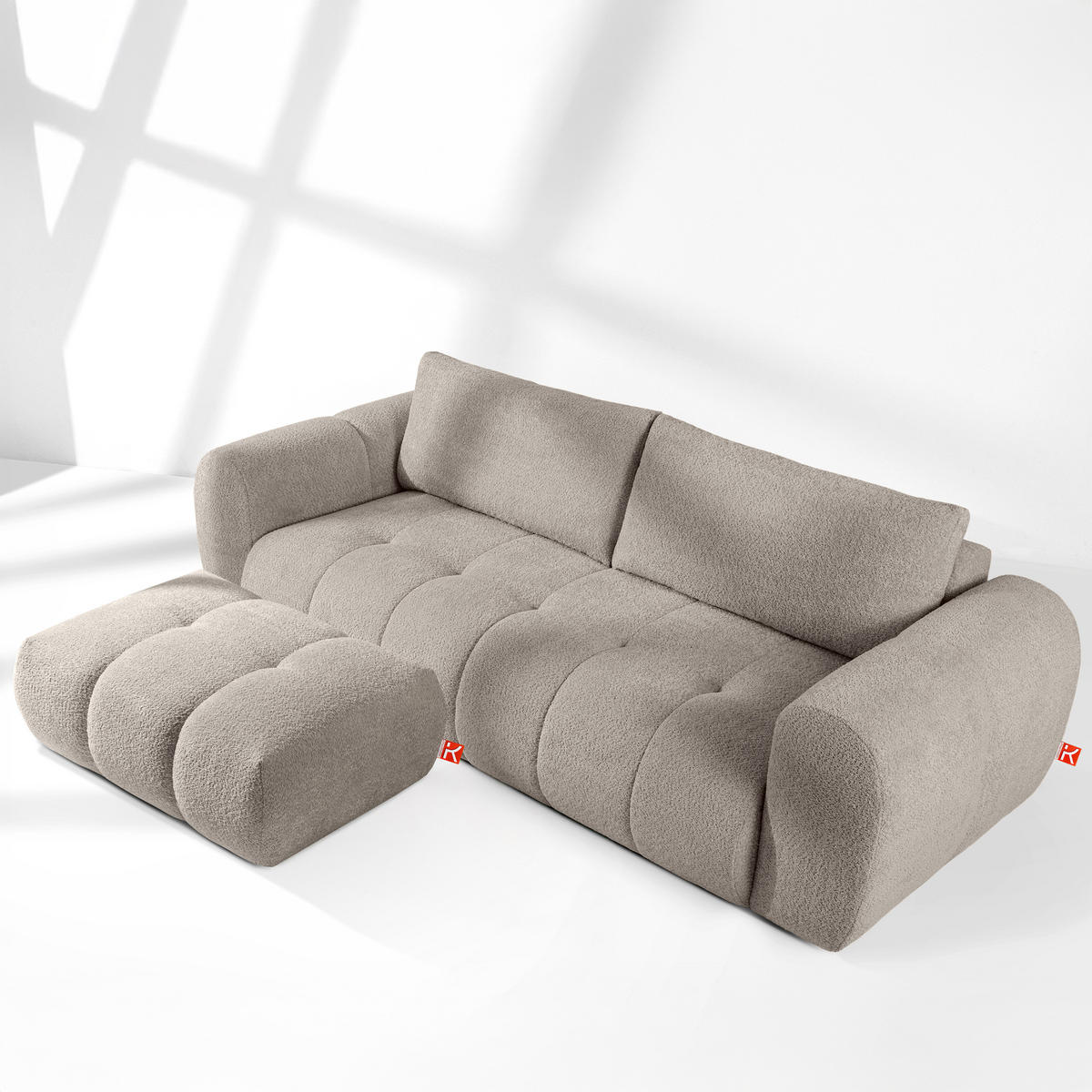 SOFA LIRA mit Pouf, Grau, Bouclé - Grau, Holz/Holzwerkstoff (96/43/50cm) - KONSIMO®