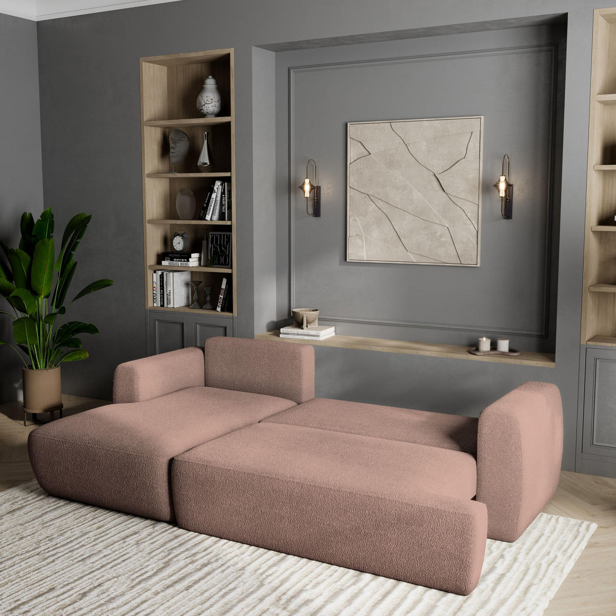 ECKSOFA SENTI N L-S Rosa Boucle-Stoff mit Schlaffunktion - Rosa, Holz (246/148cm) - MASSENO