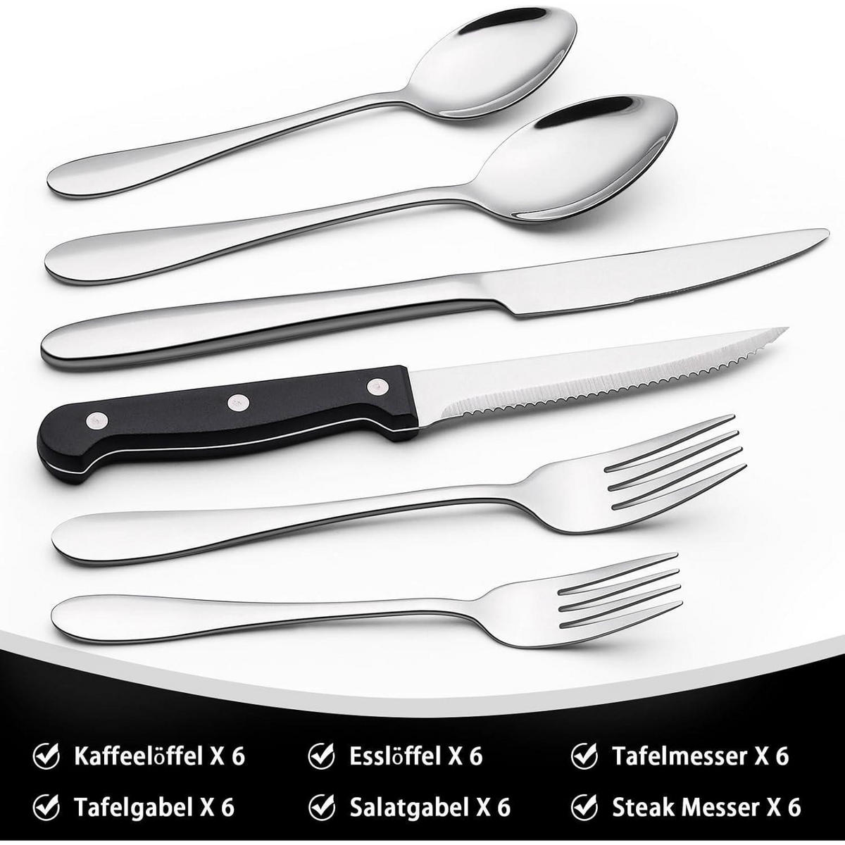 BESTECKSET 36-teilig für 6 Personen Edelstahl mit Steakmessern - Silberfarben, Metall