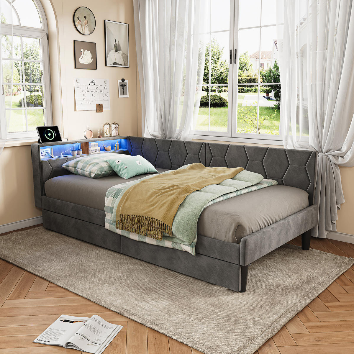 POLSTERBETT 90x200 cm, Stauraumkopf mit Ablagen, 2 Schubladen, LED und USB, Samt in Grau - Grau, Holz (90/200cm) - BRILVERDE