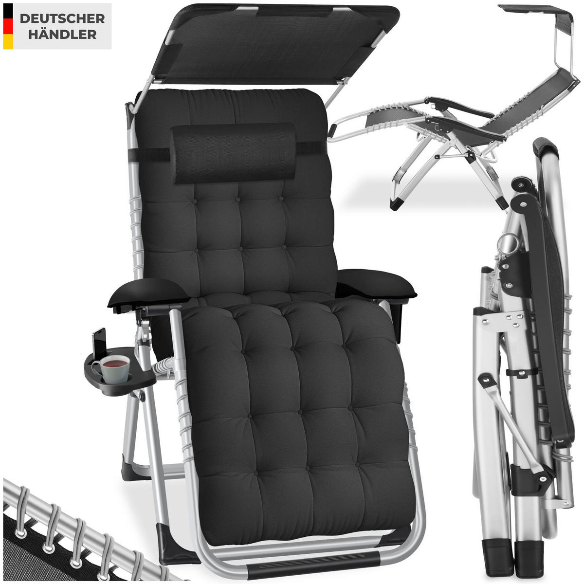 SONNENLIEGE Cloud II, mit Ablagetisch und Stautasche, schwarz - Schwarz, Kunststoff (84/103/168cm) - tectake