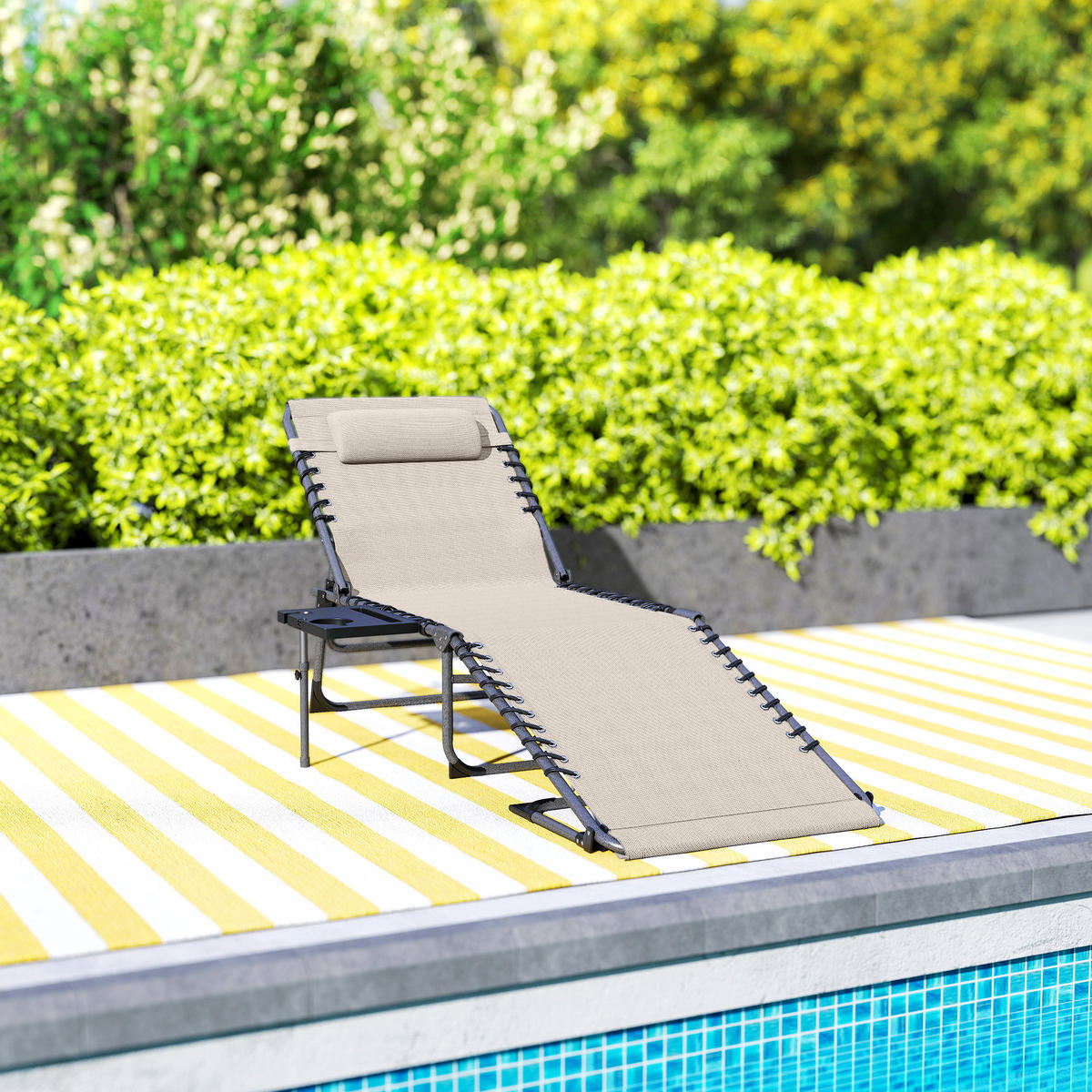 SONNENLIEGE DE-15680 5-fach verstellbar mit Tablett, 190 cm Creme - Creme, Metall (60/31/190cm) - ComfortXL