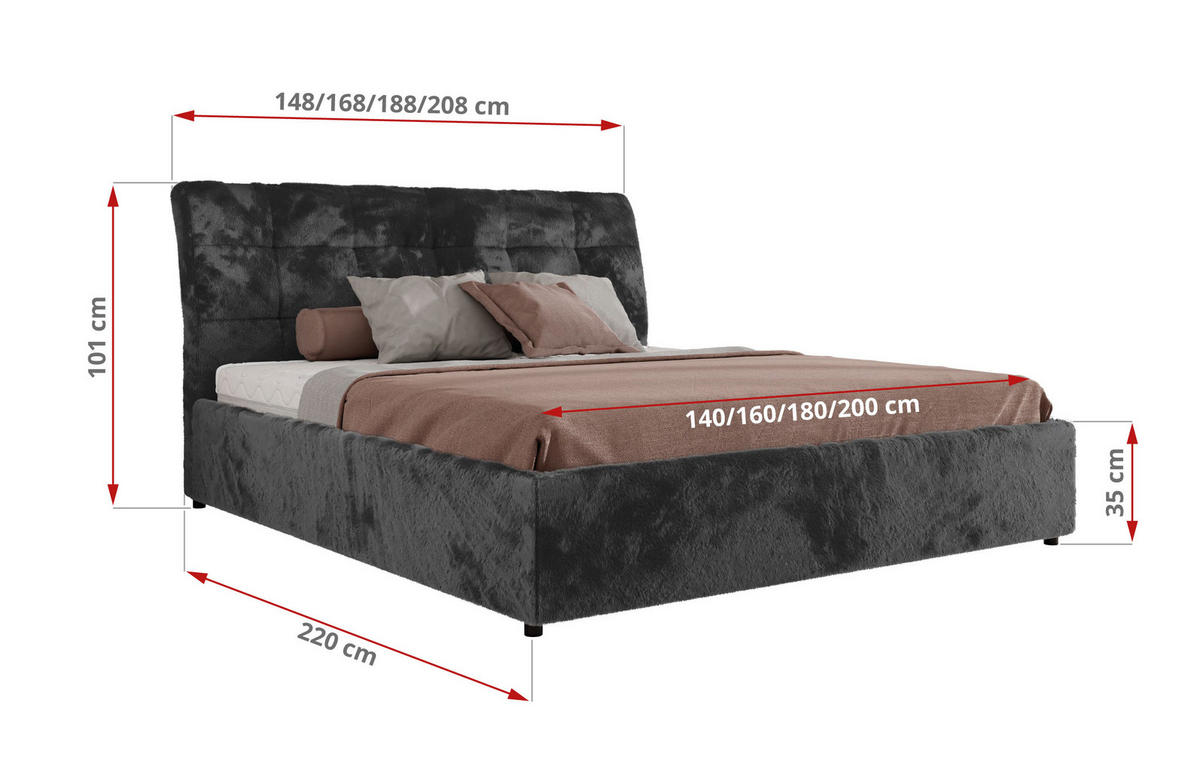 POLSTERBETT GALA CLASSIC 140/200 - Dunkelgrau Plüsch - ohne Matratze - Dunkelgrau, Textil (140/200cm) - MKS