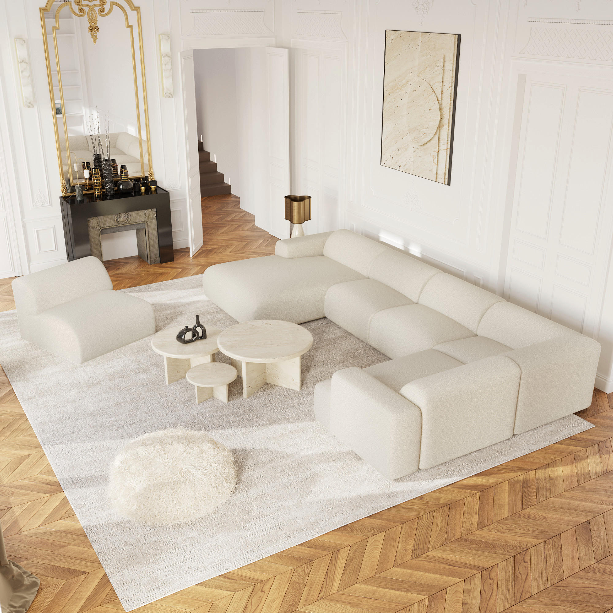 WOHNLANDSCHAFT Bouclé-Stoff Creme 354cm - Creme, Textil (354/164cm) - Sia Home