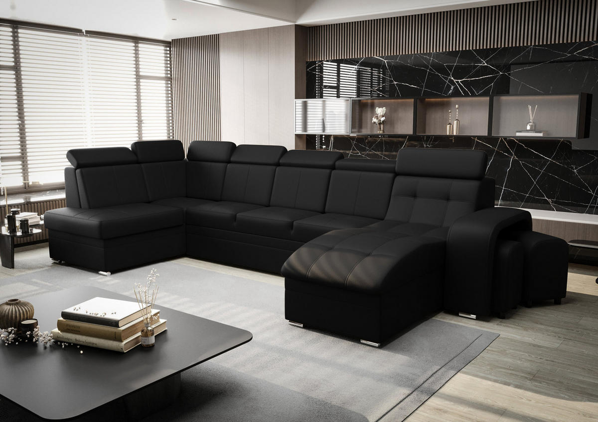 WOHNLANDSCHAFT KONGO RBN13, Eckcouch in U-Form mit Schlaffunktion, Farbe: Schwarz, Kunstleder, Ottomane Rechts - Schwarz, Textil (392/108/180cm) - O-Sofa