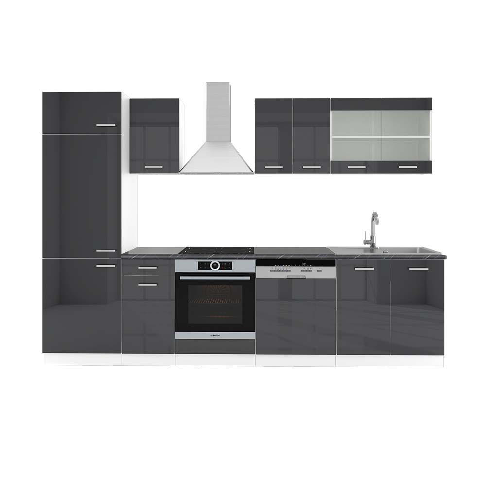 KÜCHENZEILE R-Line Anthrazit Hochglanz/Weiß 300 cm, AP Anthrazit - Anthrazit/Weiß, Holzwerkstoff (300/81.6/60cm) - Vicco