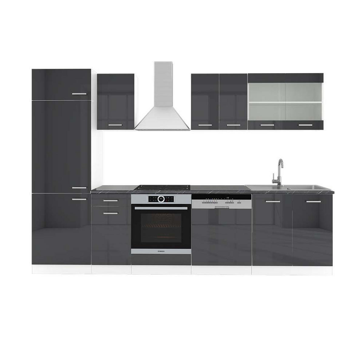 KÜCHENZEILE R-Line Anthrazit Hochglanz/Weiß 300 cm, AP Anthrazit - Anthrazit/Weiß, Holzwerkstoff (300/81.6/60cm) - Vicco