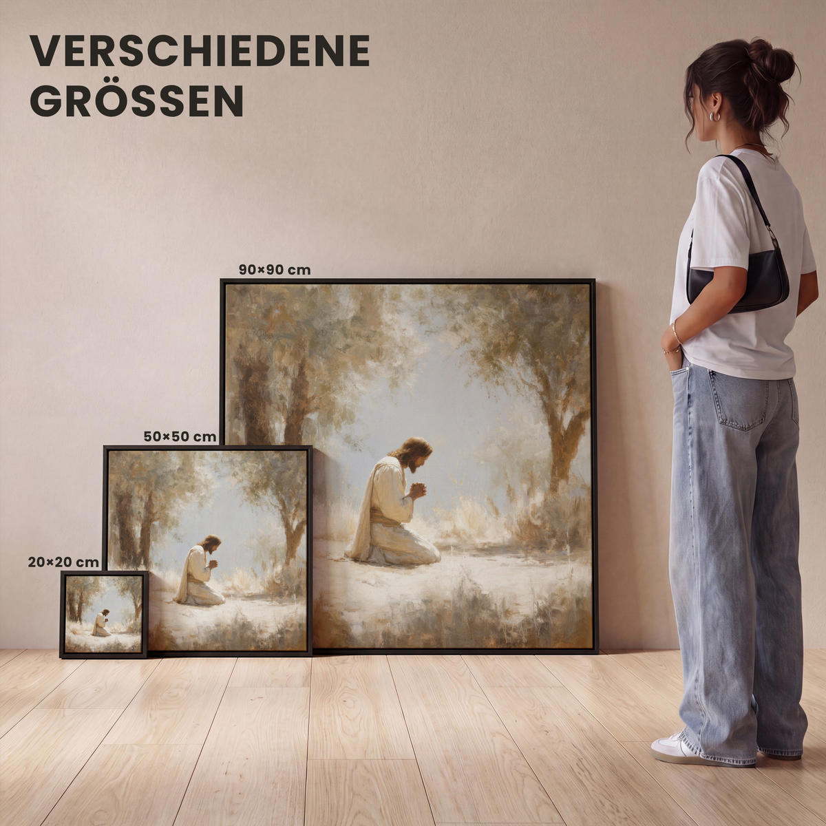 LEINWAND Bilder mit Rahmen - Jesus - Kniend - Waldlandschaft - Betend - 90x90 - Beige, Textil (90/90cm) - MuchoWow