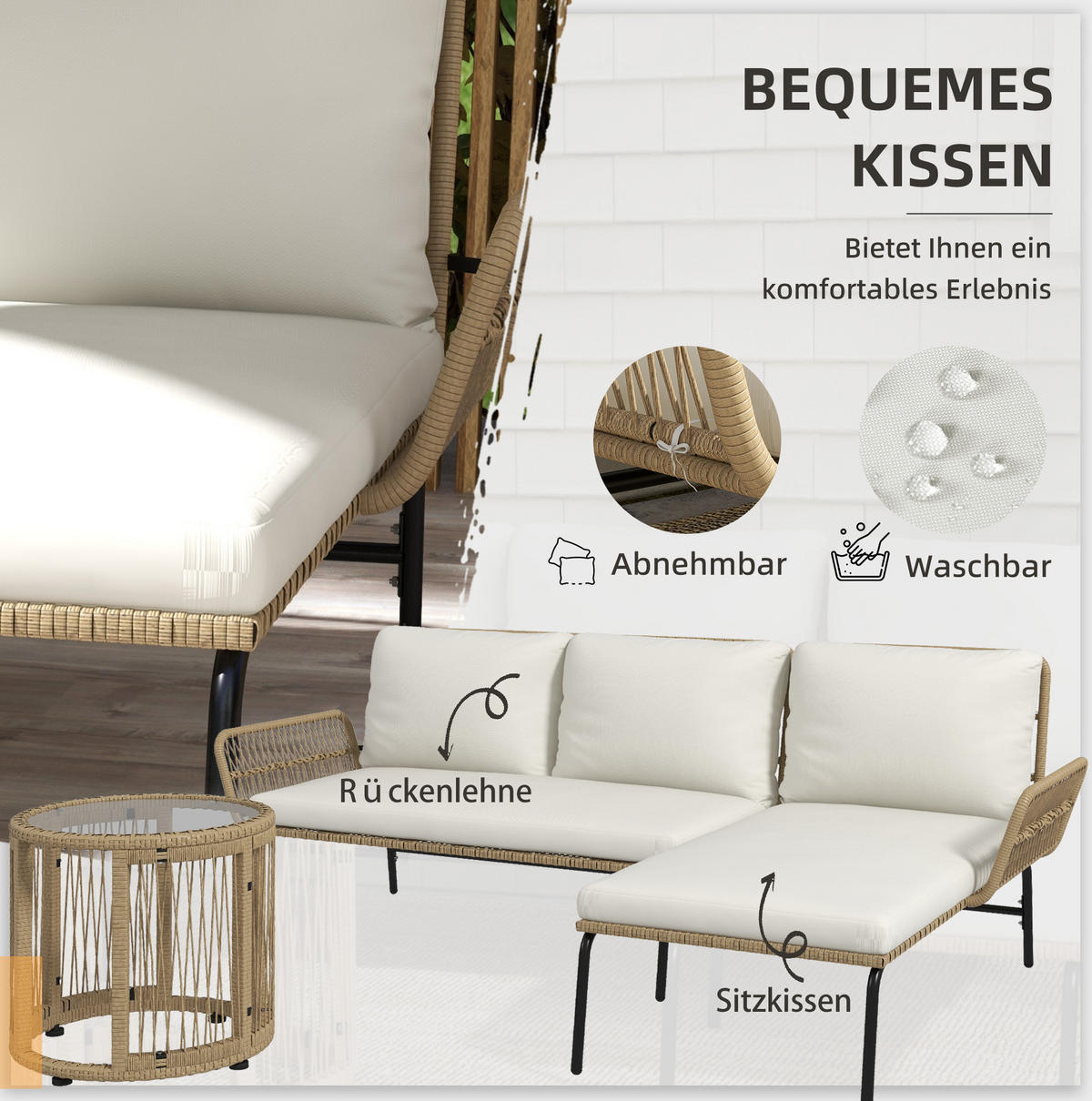 GARTENMÖBEL-SET 3-tlg. mit Sonnenliege, Zweisitzer und Tisch Cremeweiß - Weiß, Metall - Beauniv
