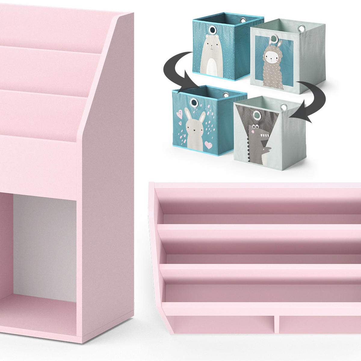 KINDERREGAL Luigi Rosa 72 x 79 cm mit 2 Faltboxen (Bär, Schaf) - Pink, Holzwerkstoff (72/79/30.7cm) - Vicco