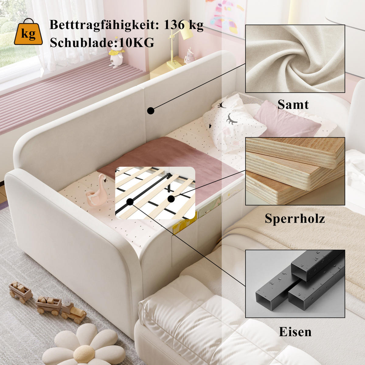 POLSTERBETT 90/200 cm Weiß aus Samt mit 2 Schubladen - Weiß, Textil (90/200cm) - OKMYHOME