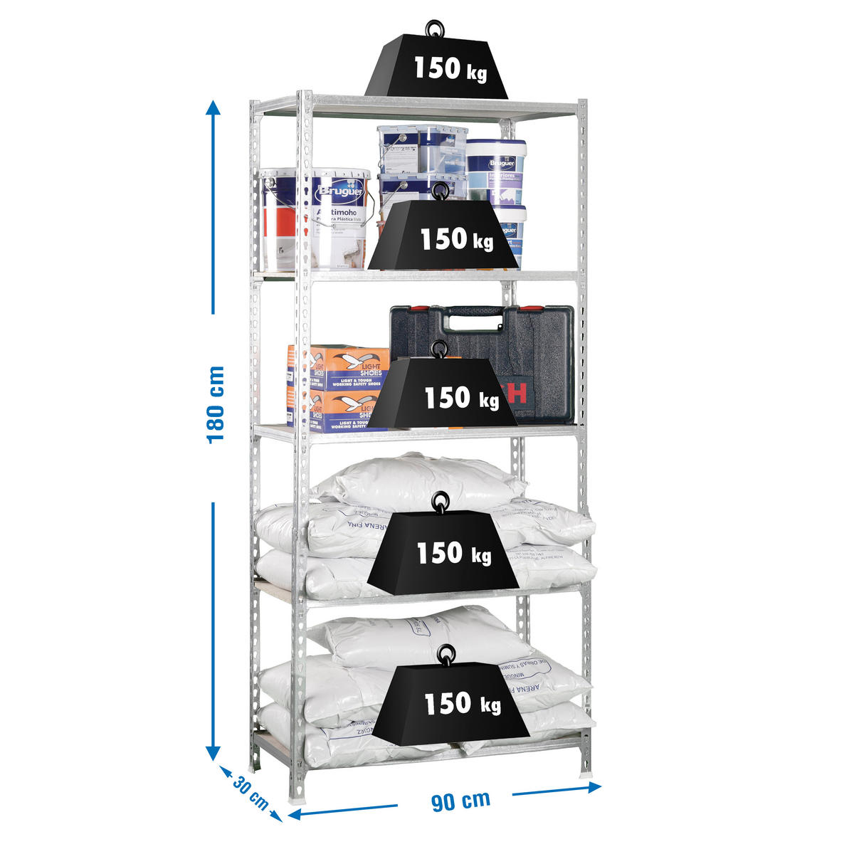 SCHWERLASTREGAL Muli HxBxT 180 x 90 x 30 cm 5 Fachböden Fachlast 150 kg Verzinkt - Silberfarben, Metall (90/180/30cm) - PROREGAL