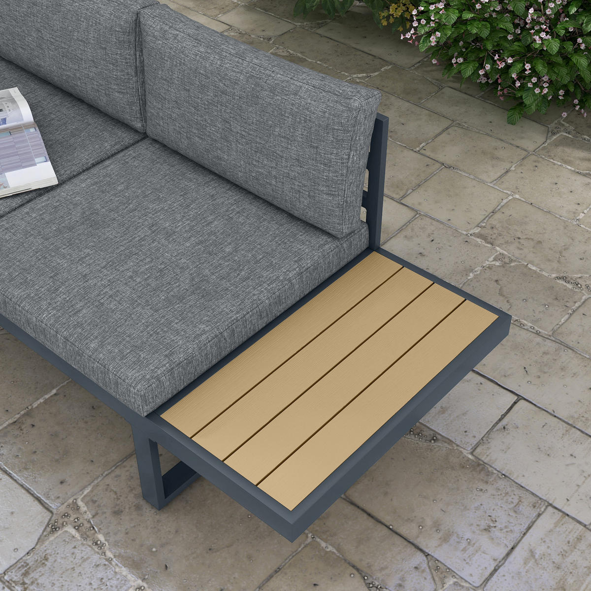 LOUNGEGARNITUR 5 Sitzplätze DE-13401 Aluminium & Holzoptik Anthrazit - Dunkelgrau, Metall - ComfortXL