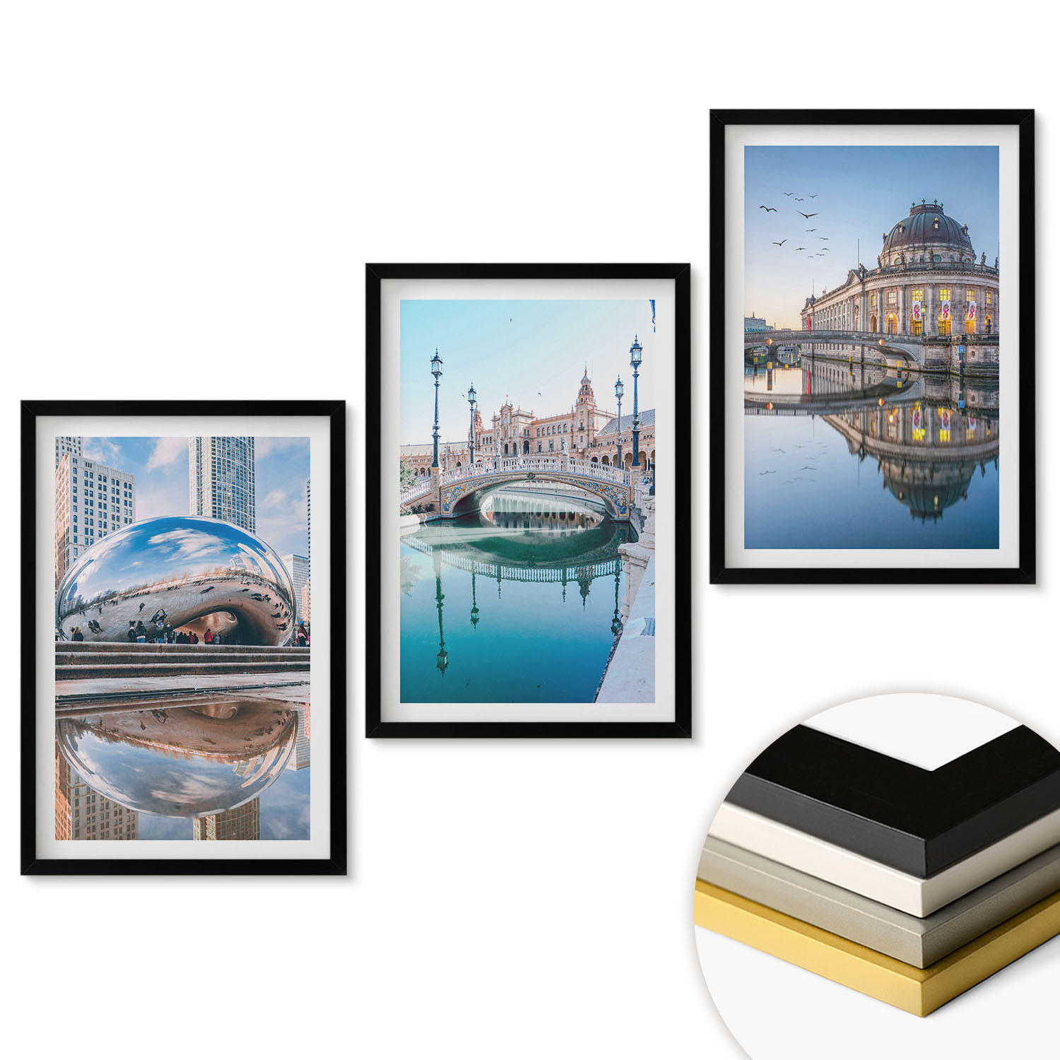 WANDBILDER 3er-Set - 40x60 cm Schwarzer Rahmen - Architektur von Städten am Wasser - Schwarz, Kunststoff (40/60cm) - ArtPrintCave