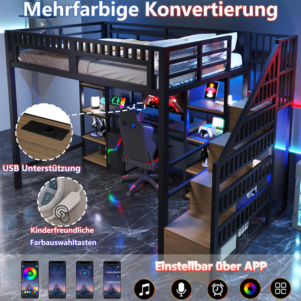 HOCHBETT 140x200cm Schwarz Mit Schreibtisch USB & LED - Schwarz, Metall - FLIEKS