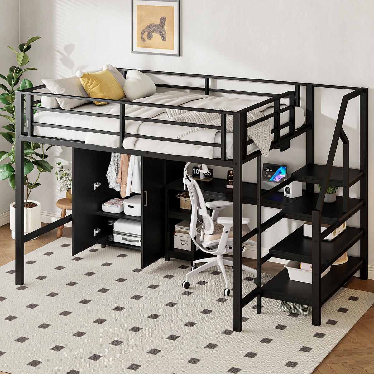 HOCHBETT 140/200 cm schwarz mit Kleiderschrank und integriertem Schreibtisch - Schwarz, Metall (140/200cm) - OKWISH